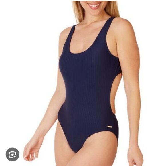 Nine West Solid Navy Blue Ribbed Tie Back One Piece Swimsuit - Size Large - Picture 1 of 15